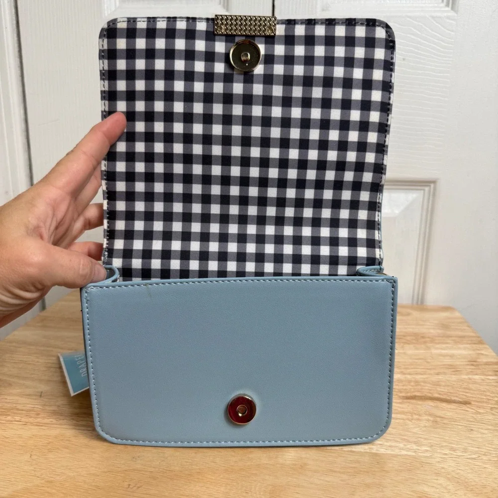 Draper James RSVP Crossbody Bag OS Blue Laser Cut Floral Cottagecore Gold Logo